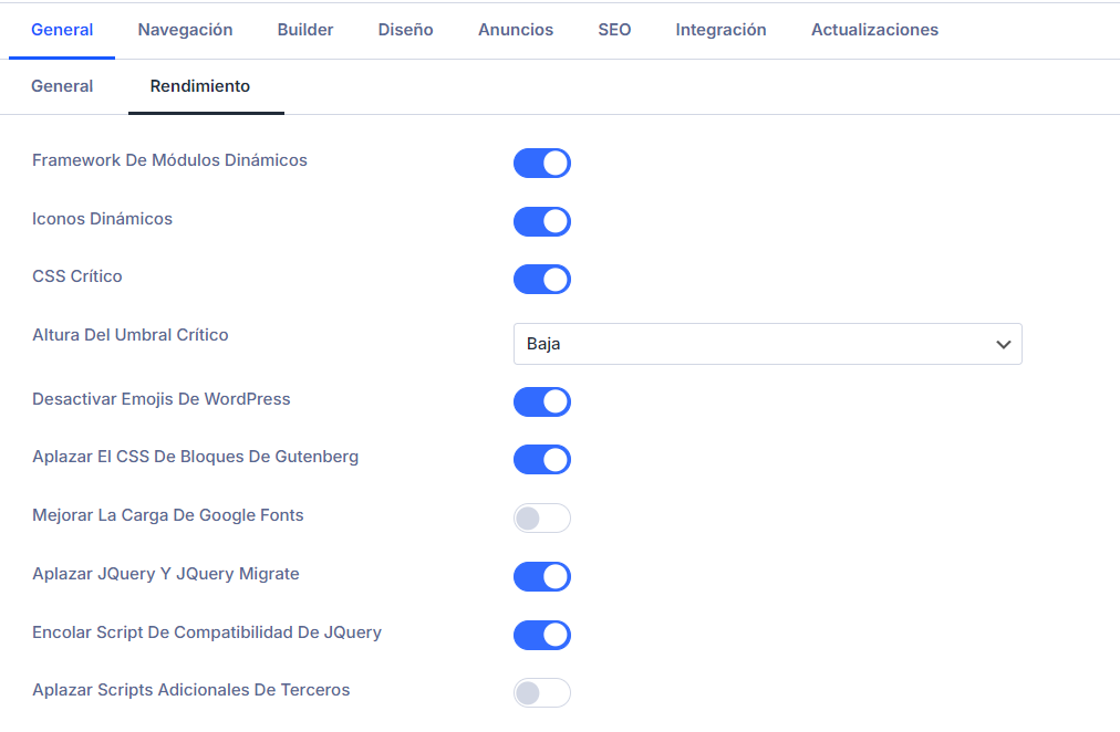 Sub-pestaña Rendimiento de Divi